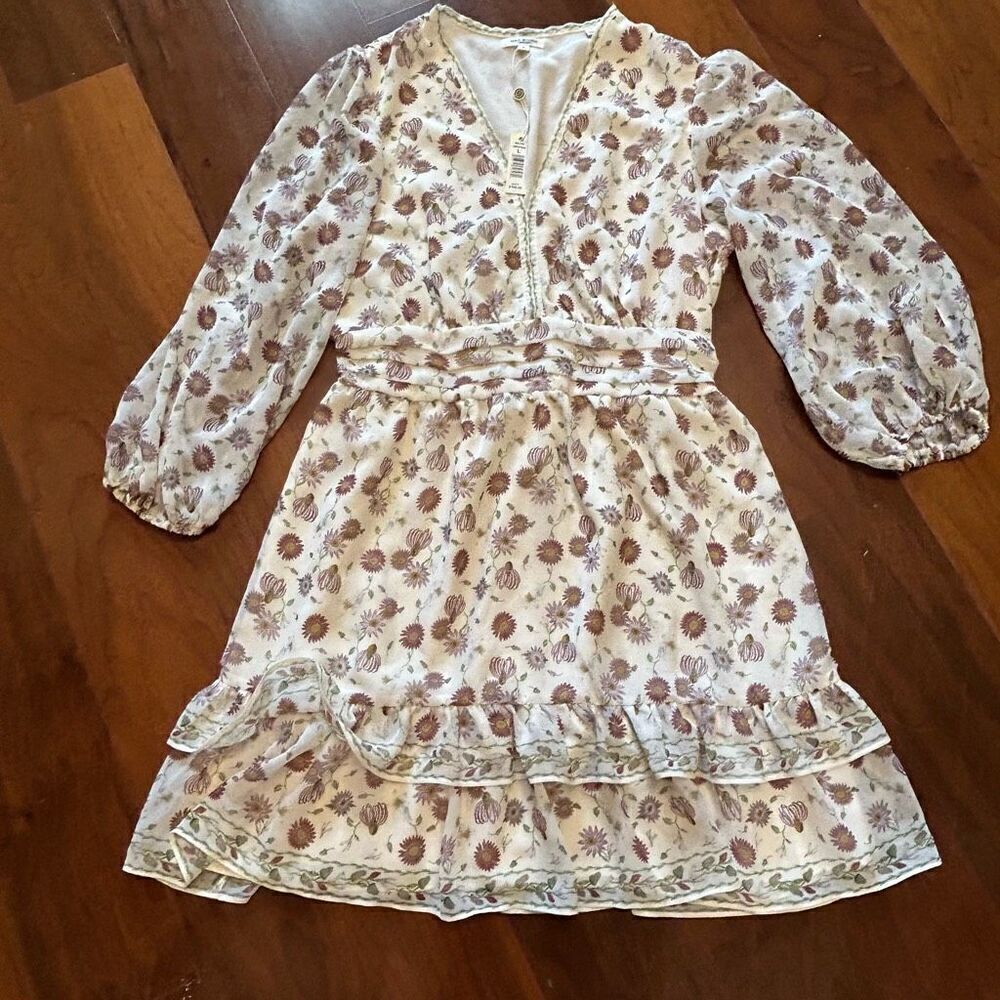 Max Studio women's white and purple floral v-neck tiered mini dress size large N